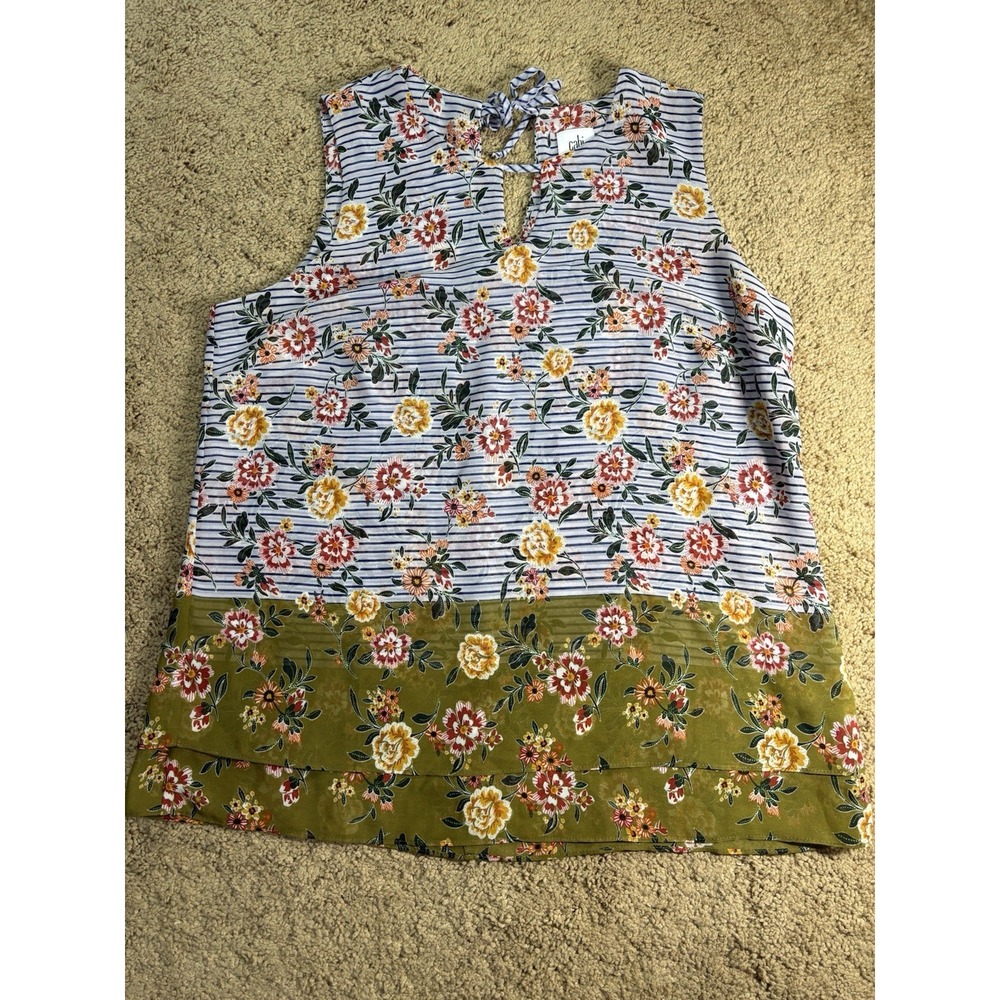 Cabi Penelope Top Size Medium Stripe Floral Print Keyhole Sleeveless Blouse Boho
